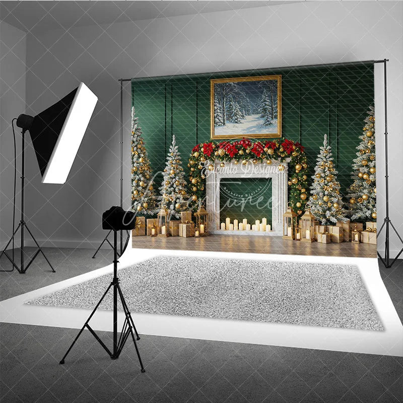 Aperturee - Aperturee Elegant Green Christmas Fireplace Photography Backdrop Flocked Trees with Gold Garland Holiday Photo Background