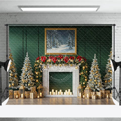 Aperturee - Aperturee Elegant Green Christmas Fireplace Photography Backdrop Flocked Trees with Gold Garland Holiday Photo Background