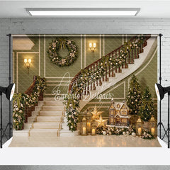 Aperturee - Aperturee Elegant Green Christmas Staircase Holiday Backdrop with Festive Garlands and Wreath Winter Decor