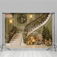Aperturee - Aperturee Elegant Green Christmas Staircase Holiday Backdrop with Festive Garlands and Wreath Winter Decor