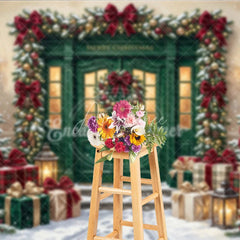 Aperturee - Aperturee Elegant Green Door Christmas Holiday Backdrop featuring Snow Covered Trees Red Bows and Wrapped Gifts Decor
