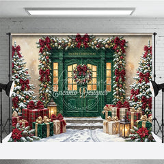 Aperturee - Aperturee Elegant Green Door Christmas Holiday Backdrop featuring Snow Covered Trees Red Bows and Wrapped Gifts Decor