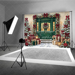 Aperturee - Aperturee Elegant Green Door Christmas Holiday Backdrop featuring Snow Covered Trees Red Bows and Wrapped Gifts Decor