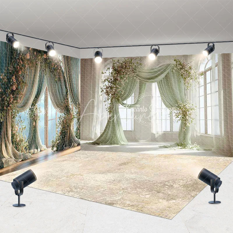 Aperturee - Aperturee Elegant Green Drapes and Floral Garlands Room Set Backdrop Romantic Wedding Party Photography Decor