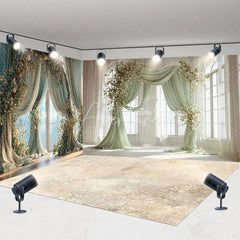 Aperturee - Aperturee Elegant Green Drapes and Floral Garlands Room Set Backdrop Romantic Wedding Party Photography Decor