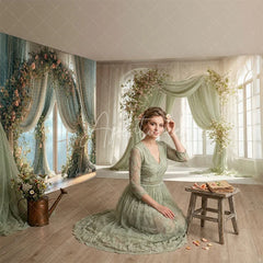Aperturee - Aperturee Elegant Green Drapes and Floral Garlands Room Set Backdrop Romantic Wedding Party Photography Decor
