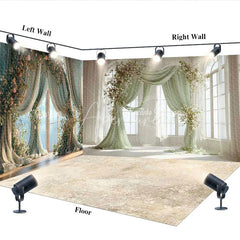 Aperturee - Aperturee Elegant Green Drapes and Floral Garlands Room Set Backdrop Romantic Wedding Party Photography Decor