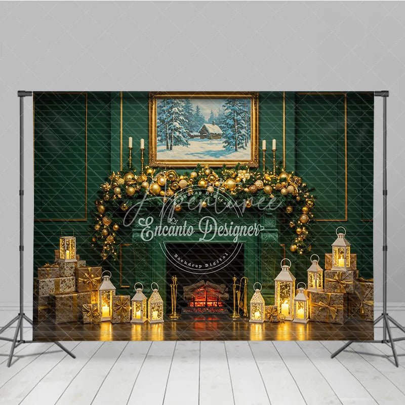Aperturee - Aperturee Elegant Green Fireplace Photography Backdrop Gold Garland and Lanterns Luxury Christmas Photo Background