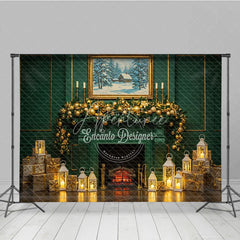 Aperturee - Aperturee Elegant Green Fireplace Photography Backdrop Gold Garland and Lanterns Luxury Christmas Photo Background