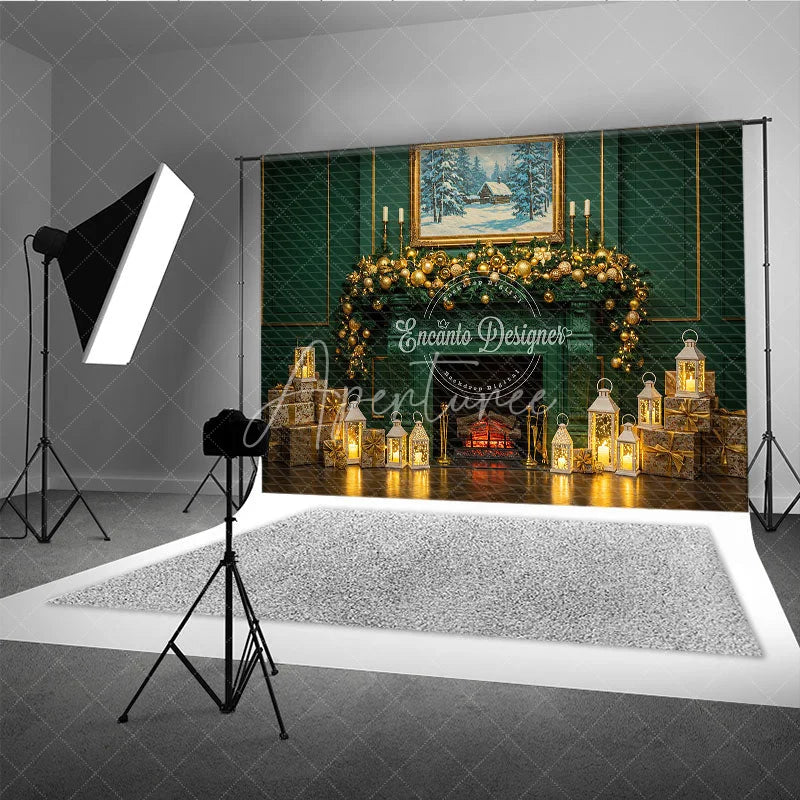 Aperturee - Aperturee Elegant Green Fireplace Photography Backdrop Gold Garland and Lanterns Luxury Christmas Photo Background