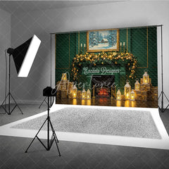 Aperturee - Aperturee Elegant Green Fireplace Photography Backdrop Gold Garland and Lanterns Luxury Christmas Photo Background