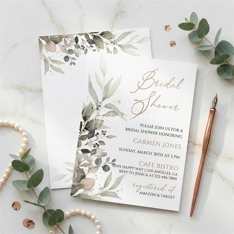 Aperturee - Aperturee Set of 20 Elegant Greenery and Gold Leaves Custom Invitation Bridal Shower Party Supplies for Bride