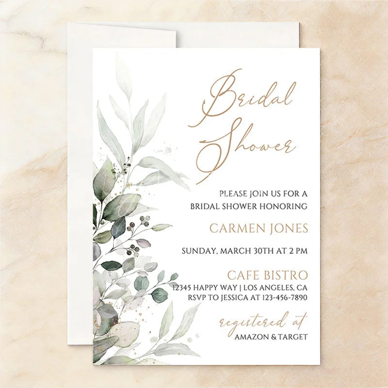 Aperturee - Aperturee Set of 20 Elegant Greenery and Gold Leaves Custom Invitation Bridal Shower Party Supplies for Bride