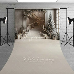 Aperturee - Aperturee Elegant Grey Staircase Sweep Backdrop White Flocked Trees Presents Luxury Interior Floor Photo Background