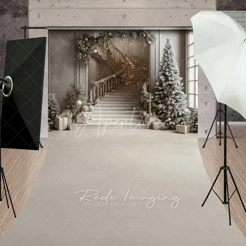 Aperturee - Aperturee Elegant Grey Staircase Sweep Backdrop White Flocked Trees Presents Luxury Interior Floor Photo Background