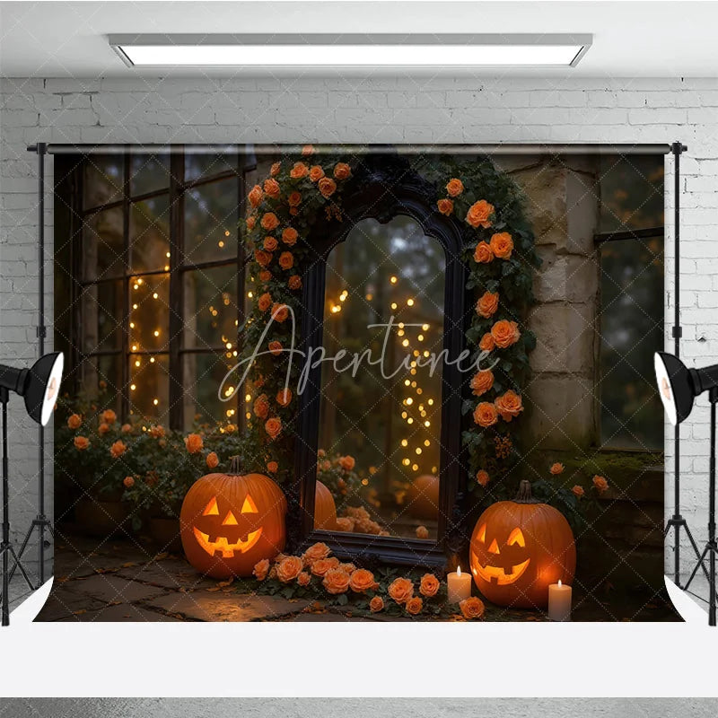 Aperturee - Aperturee Elegant Halloween Photography Backdrop with Ornate Mirror Jack-o’-Lanterns and Orange Roses Spooky Gothic Garden