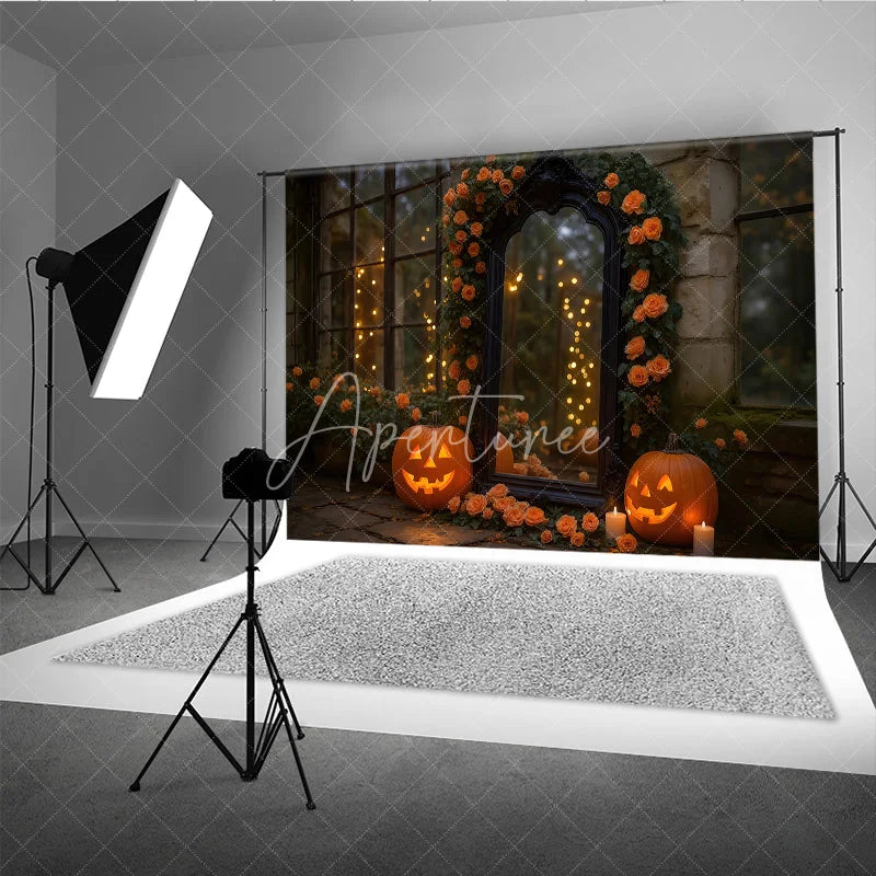 Aperturee - Aperturee Elegant Halloween Photography Backdrop with Ornate Mirror Jack-o’-Lanterns and Orange Roses Spooky Gothic Garden