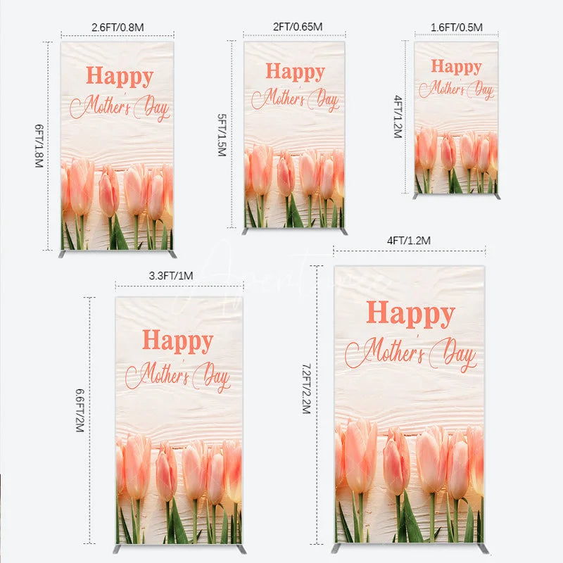 Aperturee - Aperturee Elegant Happy Mother’s Day Rectangle Arch Backdrop with Soft Pink Tulips and Rustic White Wood Texture
