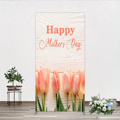 Aperturee - Aperturee Elegant Happy Mother’s Day Rectangle Arch Backdrop with Soft Pink Tulips and Rustic White Wood Texture