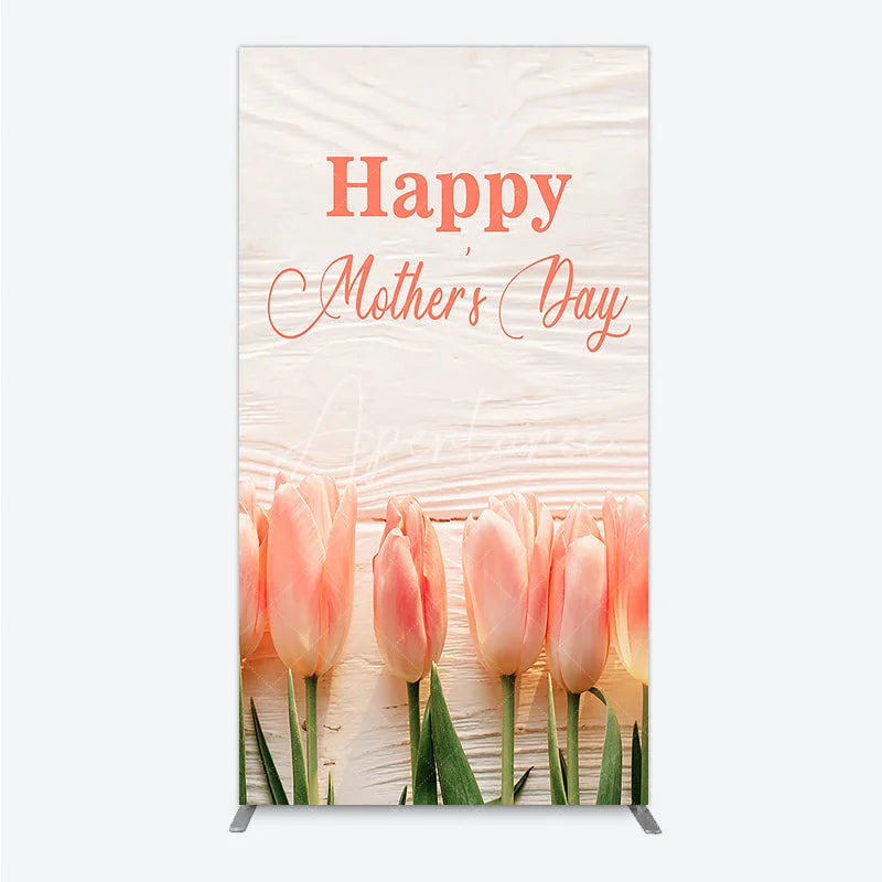 Aperturee - Aperturee Elegant Happy Mother’s Day Rectangle Arch Backdrop with Soft Pink Tulips and Rustic White Wood Texture