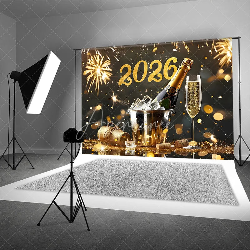 Aperturee - Aperturee Elegant Happy New Year 2026 Backdrop with Champagne and Fireworks Black and Gold Glitter NYE Party Photo Booth
