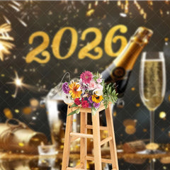 Aperturee - Aperturee Elegant Happy New Year 2026 Backdrop with Champagne and Fireworks Black and Gold Glitter NYE Party Photo Booth
