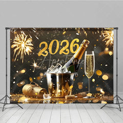 Aperturee - Aperturee Elegant Happy New Year 2026 Backdrop with Champagne and Fireworks Black and Gold Glitter NYE Party Photo Booth