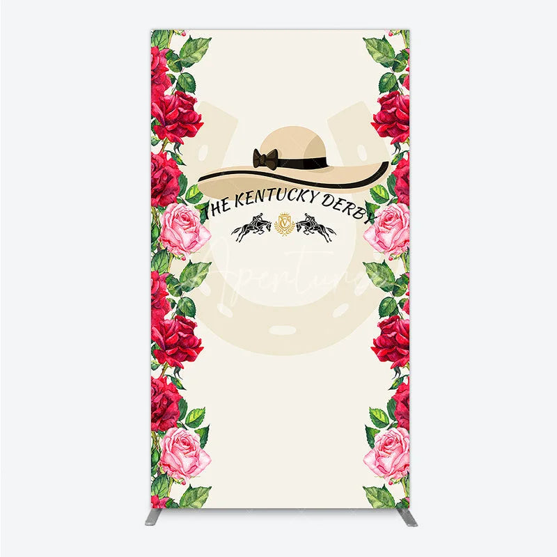 Aperturee - Aperturee Elegant Horse Racing Party Rectangle Arch Backdrop featuring a Chic Hat and Vibrant Red and Pink Roses