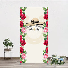 Aperturee - Aperturee Elegant Horse Racing Party Rectangle Arch Backdrop featuring a Chic Hat and Vibrant Red and Pink Roses