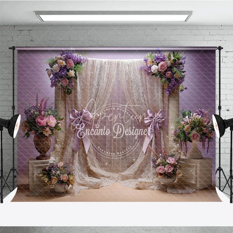 Aperturee - Aperturee Elegant Lavender and Cream Lace Floral Photography Backdrop Romantic Baby Shower Wedding Decor