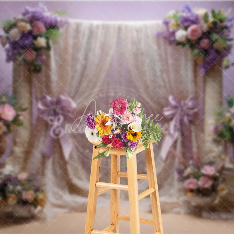 Aperturee - Aperturee Elegant Lavender and Cream Lace Floral Photography Backdrop Romantic Baby Shower Wedding Decor