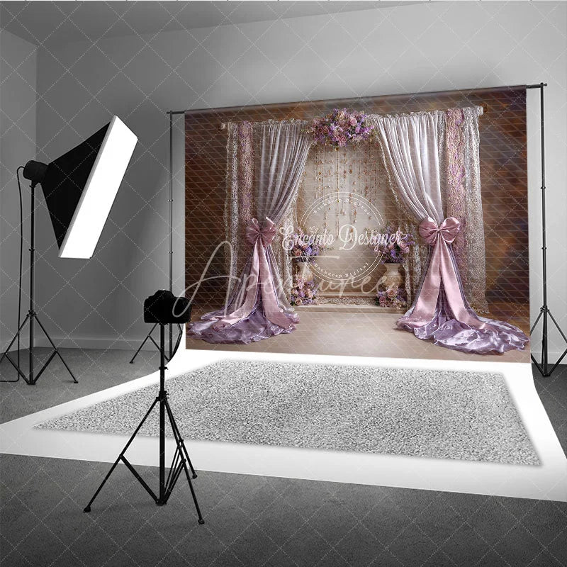 Aperturee - Aperturee Elegant Lavender and Pink Draped Curtains Photography Backdrop Romantic Floral Archway with Crystal Strings