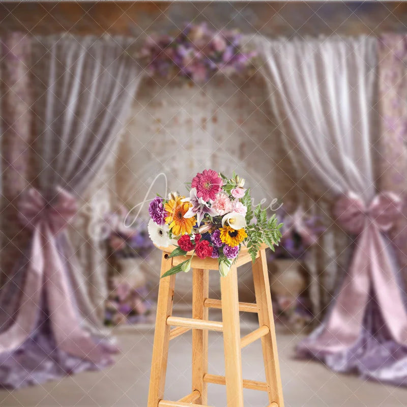 Aperturee - Aperturee Elegant Lavender and Pink Draped Curtains Photography Backdrop Romantic Floral Archway with Crystal Strings
