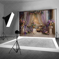 Aperturee - Aperturee Elegant Lavender Curtains and Lace Photography Backdrop Romantic Floral Arrangements for Wedding Party