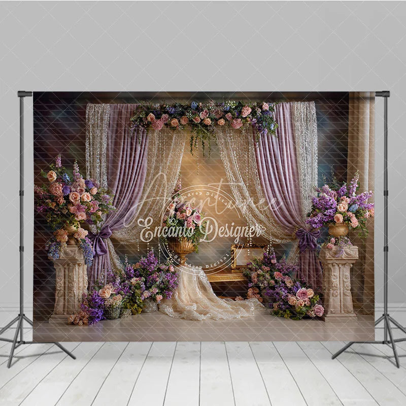 Aperturee - Aperturee Elegant Lavender Curtains and Lace Photography Backdrop Romantic Floral Arrangements for Wedding Party