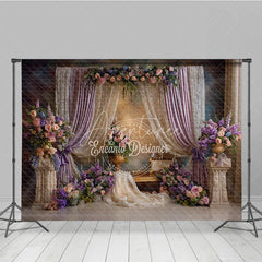 Aperturee - Aperturee Elegant Lavender Curtains and Lace Photography Backdrop Romantic Floral Arrangements for Wedding Party