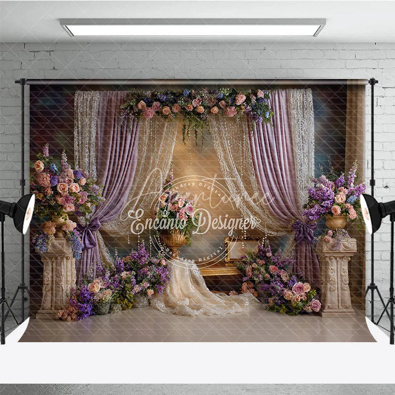 Aperturee - Aperturee Elegant Lavender Curtains and Lace Photography Backdrop Romantic Floral Arrangements for Wedding Party