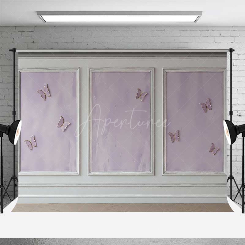Aperturee Aperturee Elegant Lavender Wall Photography Backdrop with Gold Butterflies Classic Molding Panel Studio Photo Prop Decor