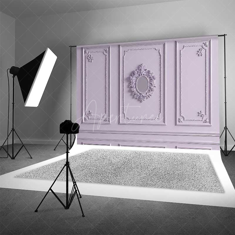 Aperturee Aperturee Elegant Lavender Wall Photography Backdrop with Ornate Mirror Classic Molding Panel Studio Photo Prop Decor