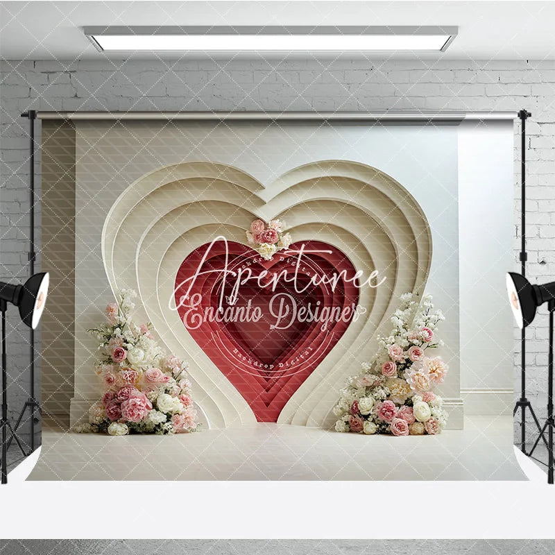 Aperturee - Aperturee Elegant Layered Heart Red Cream Floral Photography Backdrop Pink Flowers Romantic Valentine’s Day Wedding Decor