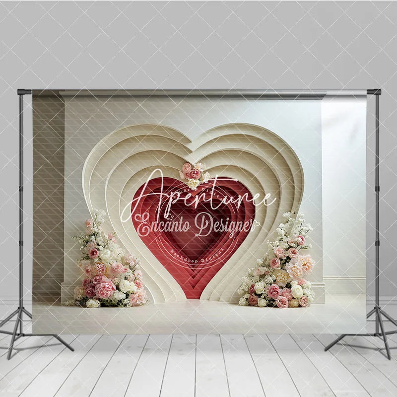 Aperturee - Aperturee Elegant Layered Heart Red Cream Floral Photography Backdrop Pink Flowers Romantic Valentine’s Day Wedding Decor