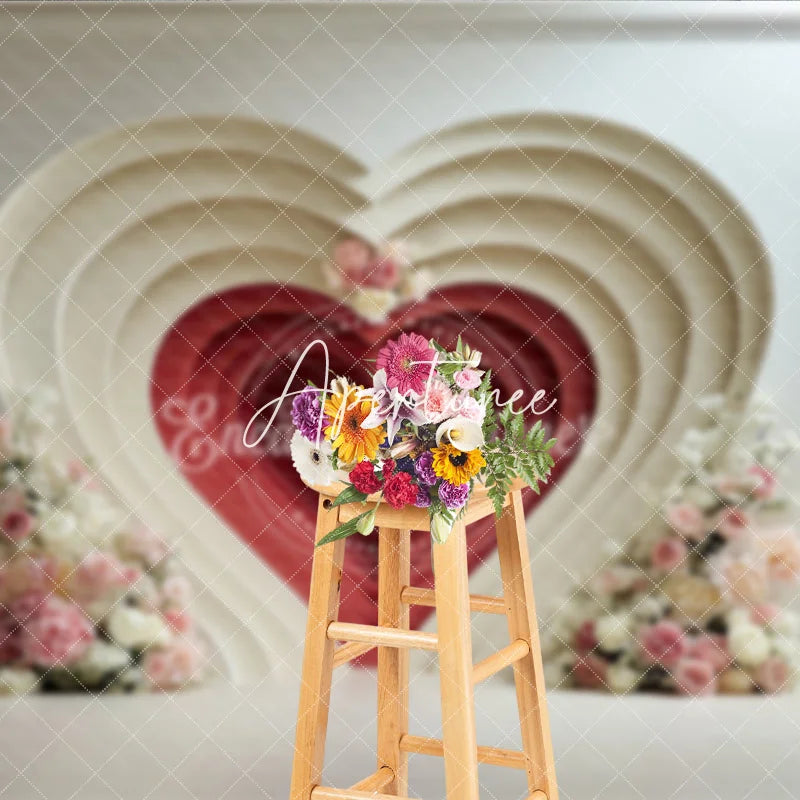 Aperturee - Aperturee Elegant Layered Heart Red Cream Floral Photography Backdrop Pink Flowers Romantic Valentine’s Day Wedding Decor