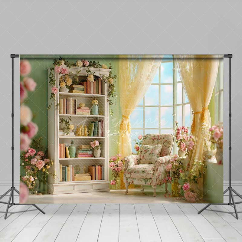 Aperturee - Aperturee Elegant Library Wedding Photography Backdrop Romantic Bookshelf with Flowers Light Academia Themed Photo Prop
