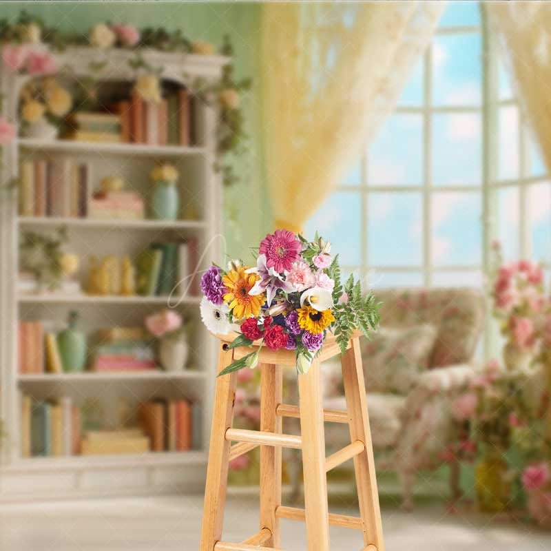 Aperturee - Aperturee Elegant Library Wedding Photography Backdrop Romantic Bookshelf with Flowers Light Academia Themed Photo Prop