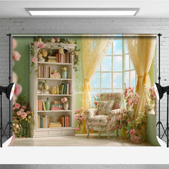 Aperturee - Aperturee Elegant Library Wedding Photography Backdrop Romantic Bookshelf with Flowers Light Academia Themed Photo Prop