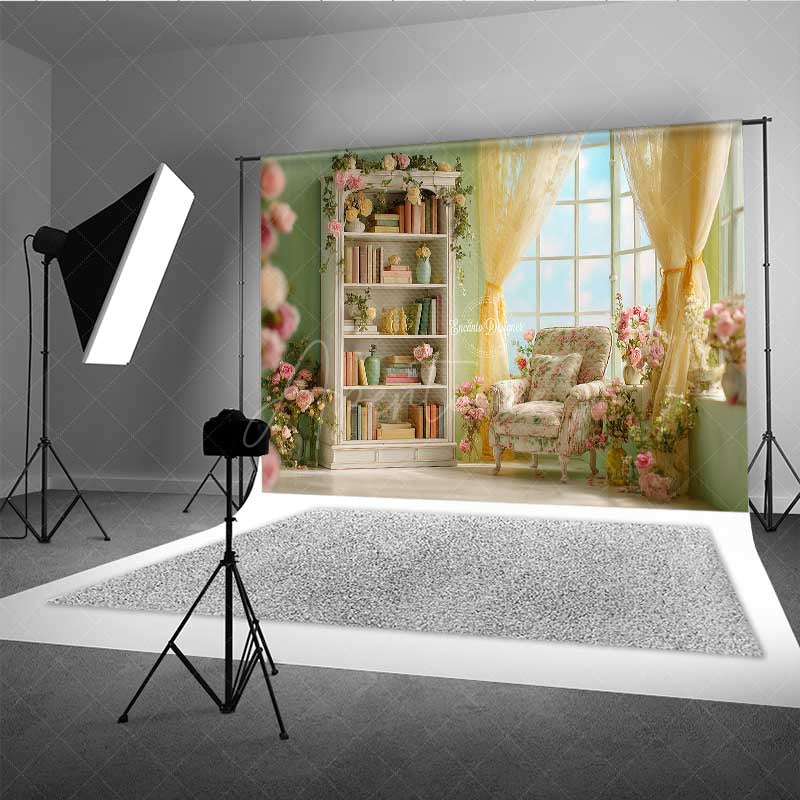 Aperturee - Aperturee Elegant Library Wedding Photography Backdrop Romantic Bookshelf with Flowers Light Academia Themed Photo Prop