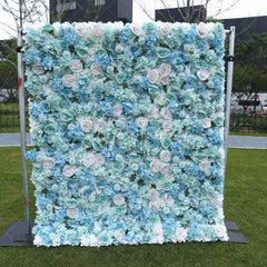 Aperturee - Aperturee Elegant Light Blue and Mint Green Artificial Flower Wall with Roses and Hydrangeas Wedding Party Decor