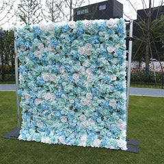 Aperturee - Aperturee Elegant Light Blue and Mint Green Artificial Flower Wall with Roses and Hydrangeas Wedding Party Decor