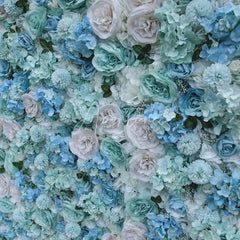 Aperturee - Aperturee Elegant Light Blue and Mint Green Artificial Flower Wall with Roses and Hydrangeas Wedding Party Decor