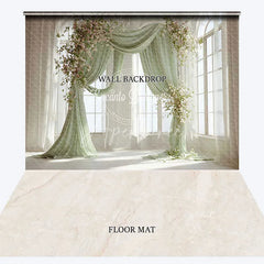 Aperturee - Aperturee Elegant Light Green Drapes Floral Arch Combo Set Backdrop Arched Windows Marble Floor for Wedding Photography